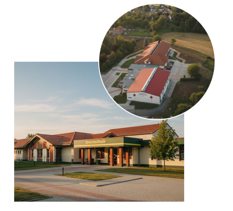 Das Schulgebäude der Grundschule Naustadt und eine Luftaufnahme des Schulgeländes