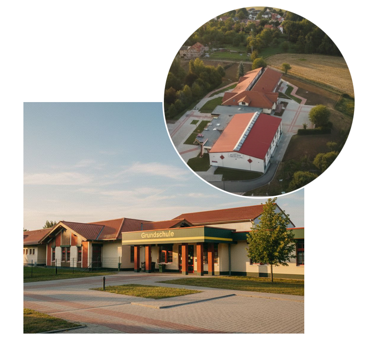 Das Schulgebäude der Grundschule Naustadt und eine Luftaufnahme des Schulgeländes